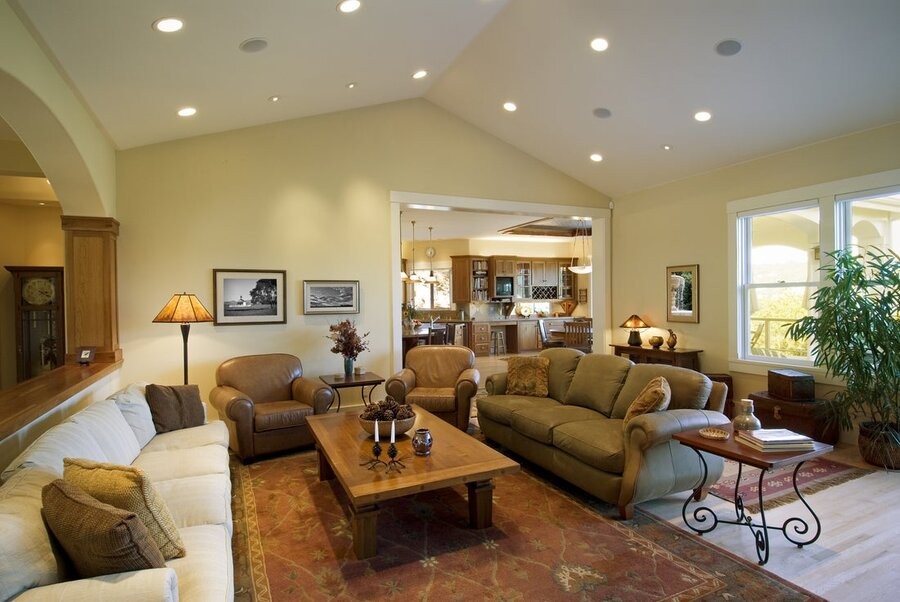 An open living space featuring in-ceiling speakers as part of a multi-room music system.