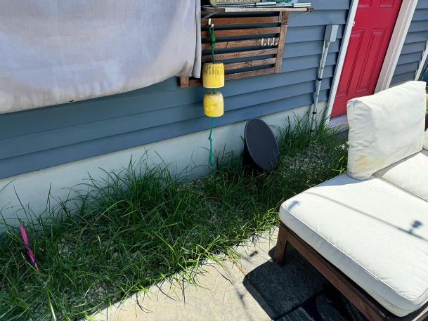 A small speaker placed in the grass near a patio with a red door nearby.