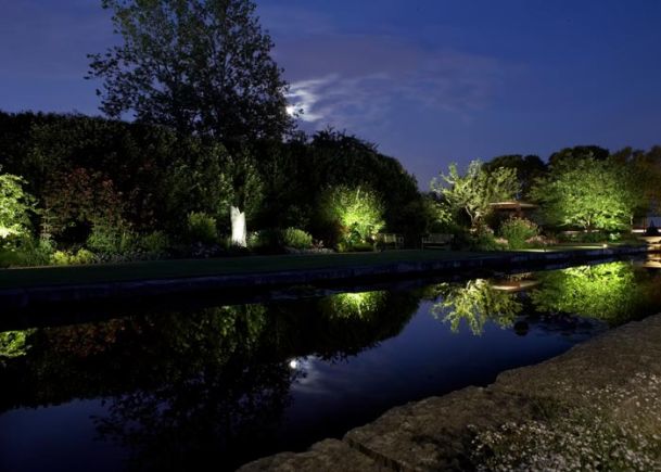 A tranquil nighttime garden scene with trees and their reflections on a calm water surface.