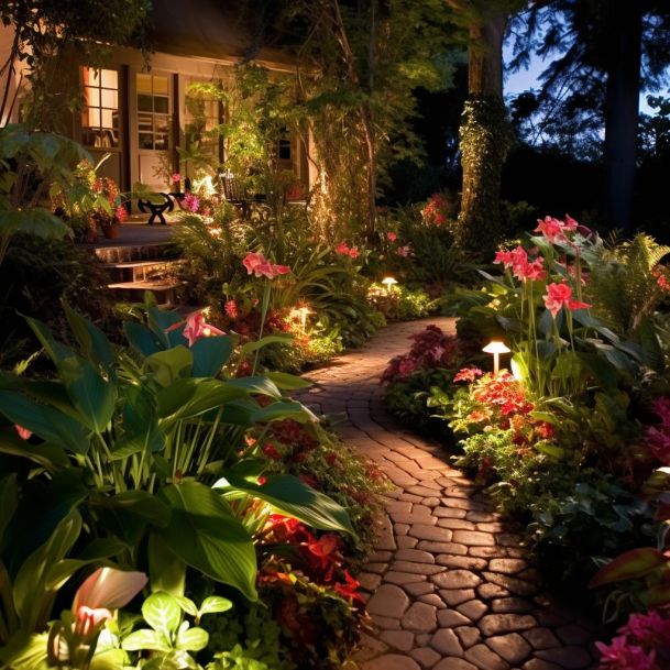 A beautifully illuminated garden pathway surrounded by vibrant flowers and greenery at night.