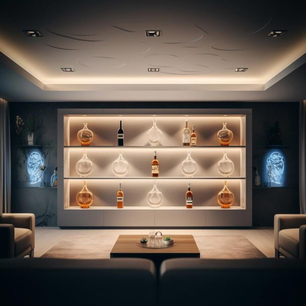 A modern lounge with illuminated shelves displaying bottles and decor.