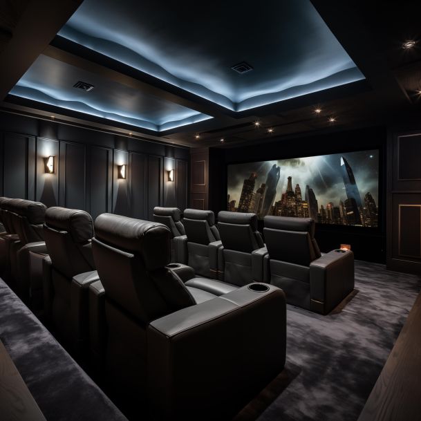 A luxurious home theater with reclining chairs, a large screen, and a modern ceiling design.