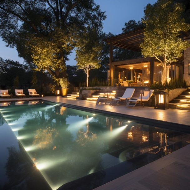 A luxurious backyard pool area illuminated with warm lighting at night.