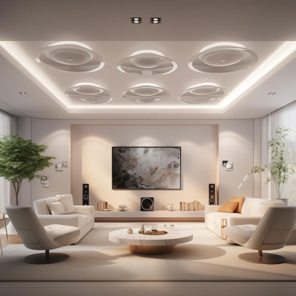 A stylish living room with circular ceiling fixtures and a wall-mounted TV.