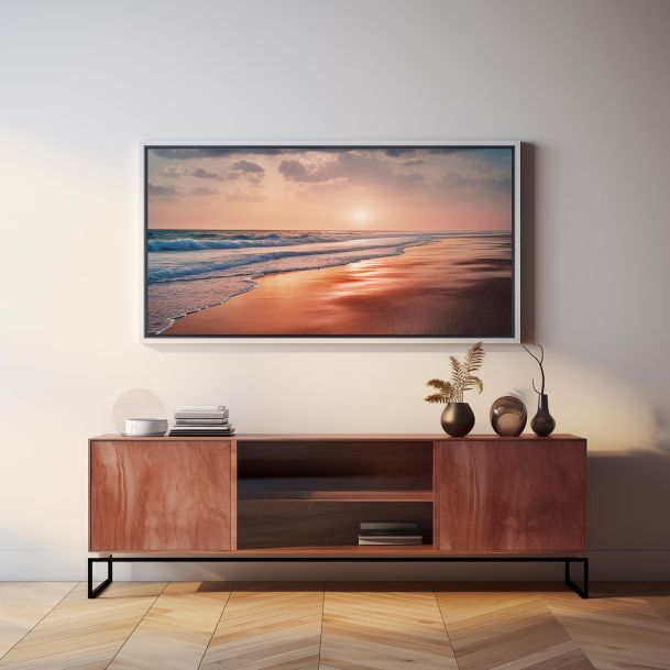 A minimalist living room featuring a sunset beach image on the wall above a wooden console.