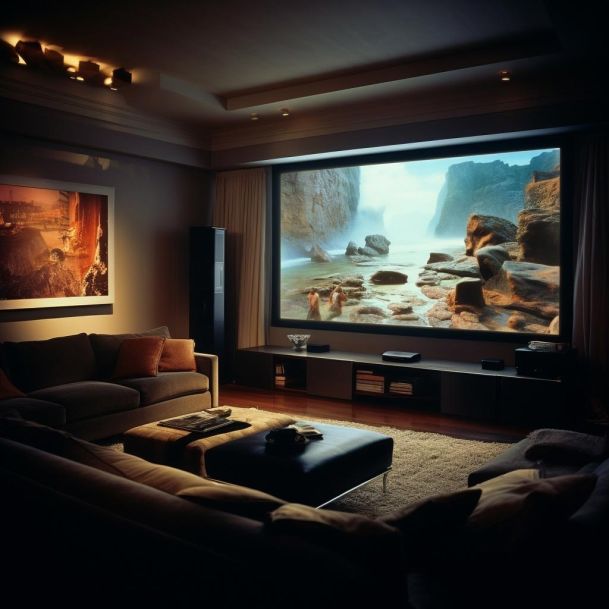 A cozy home theater with a large screen displaying a scenic coastal view.